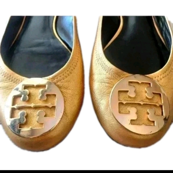 Tory Burch Womens Reva Metallic Gold Leather Ballerina RARE Statement Flats 9.5 - Picture 8 of 15
